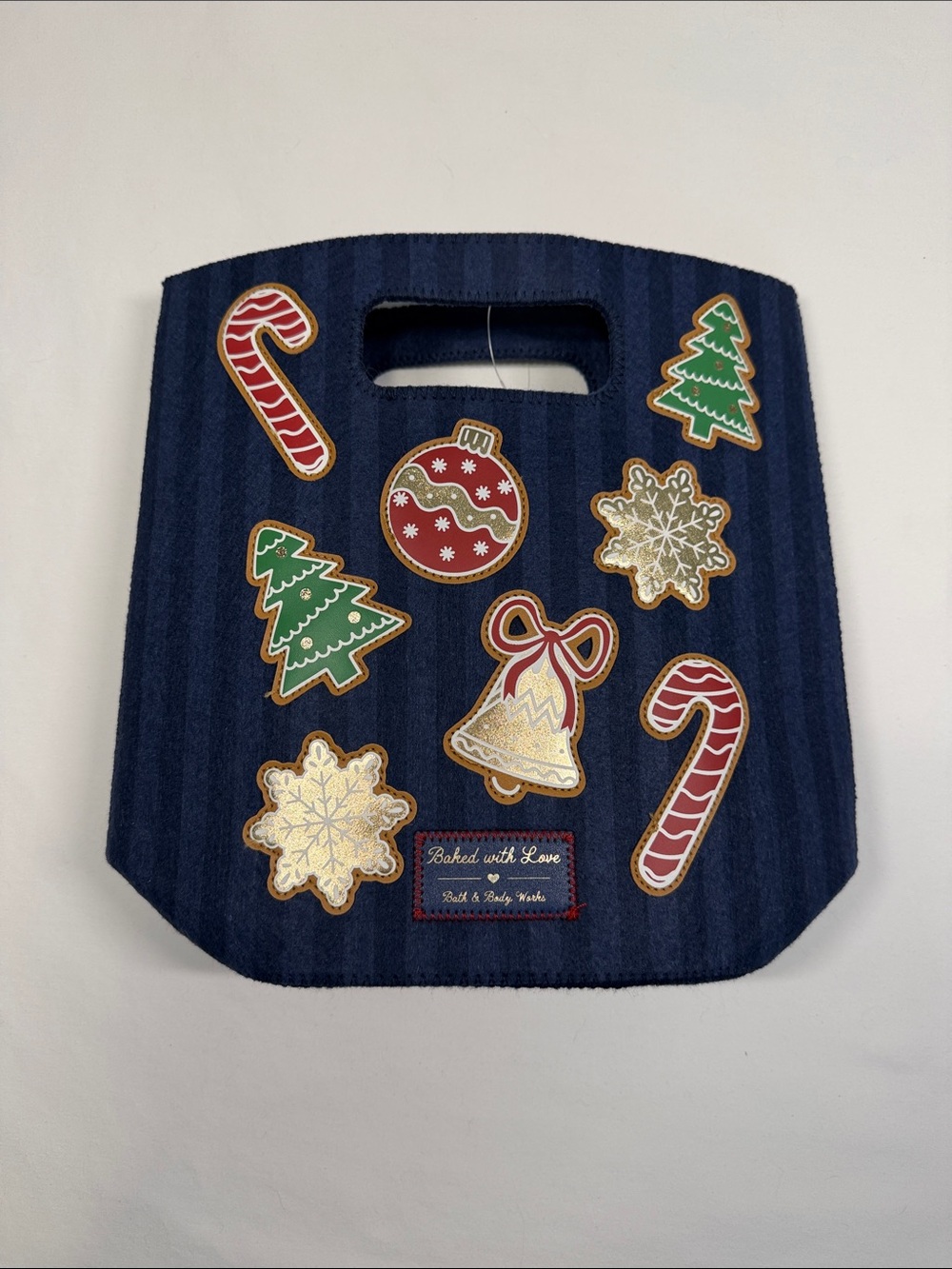 Two BBW Navy Holiday Patch Felt Gift Bags with Festive Appliqués